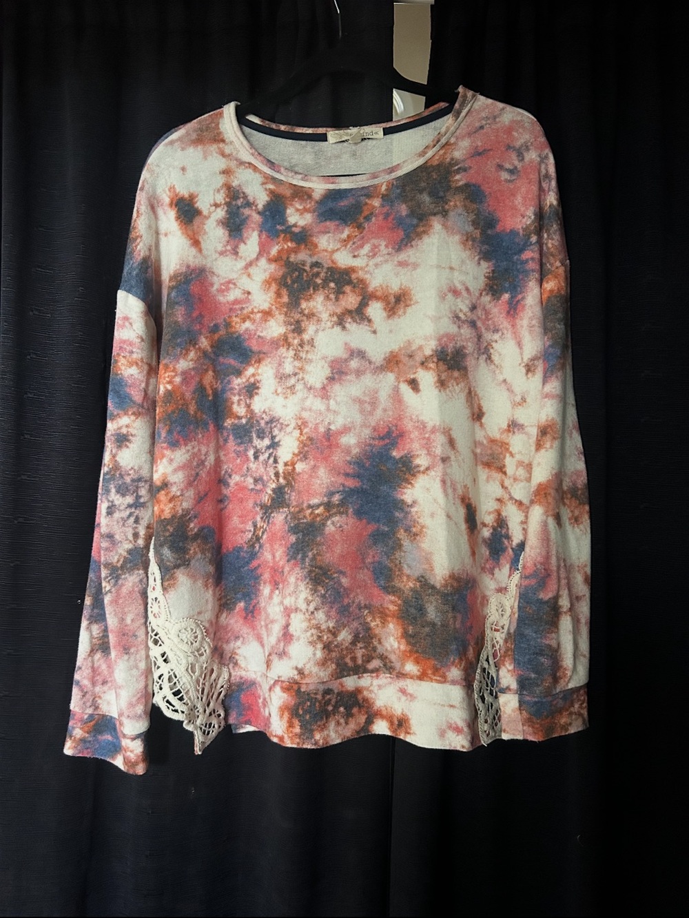 Rewind XL Tie Dye Crochet Lace Hem Long Sleeve Top